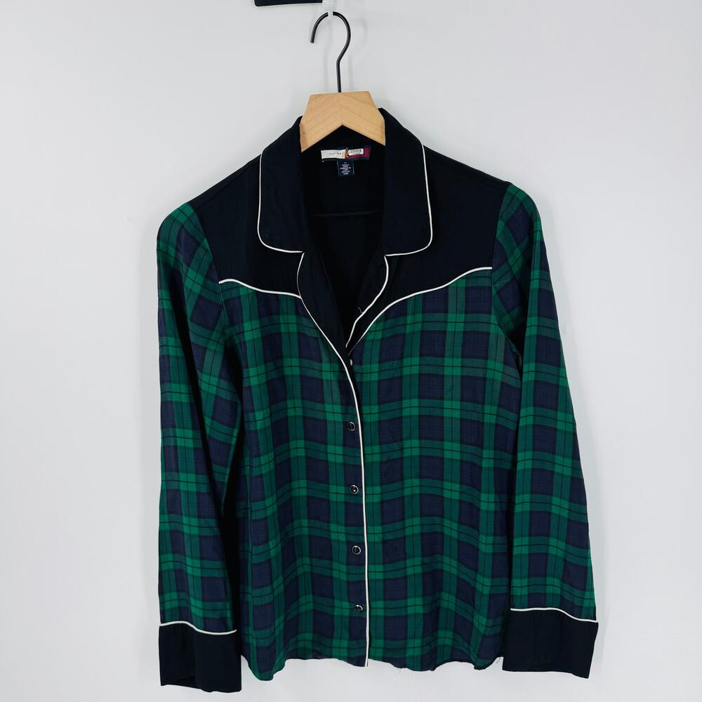 Tommy Hilfiger Navy Green Plaid Button Down Shirt Piped Trim Size 32 (Medium)